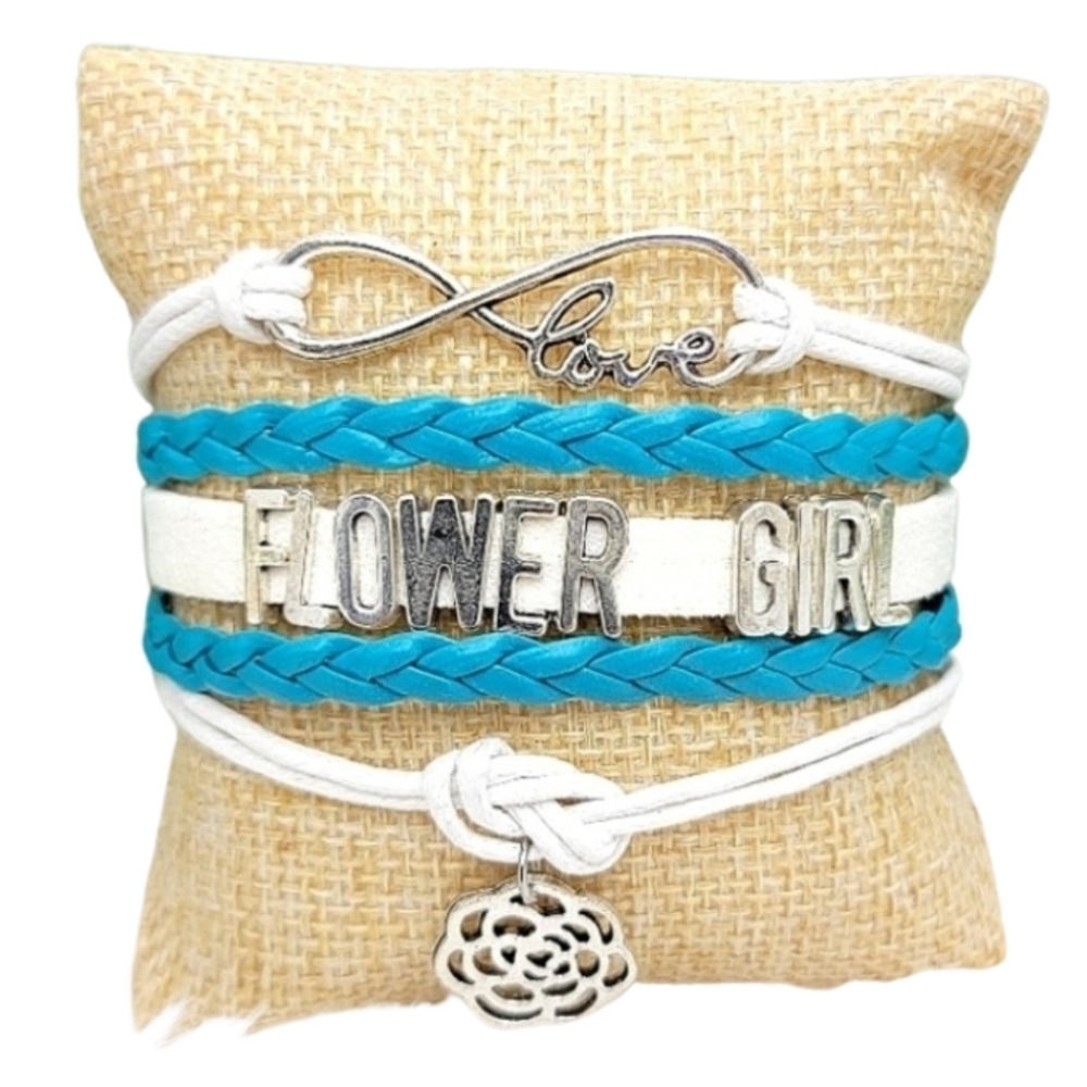 3/$20 Flower Girl Stack Bracelet Infinity Love Flower Charm Teal White Fashion